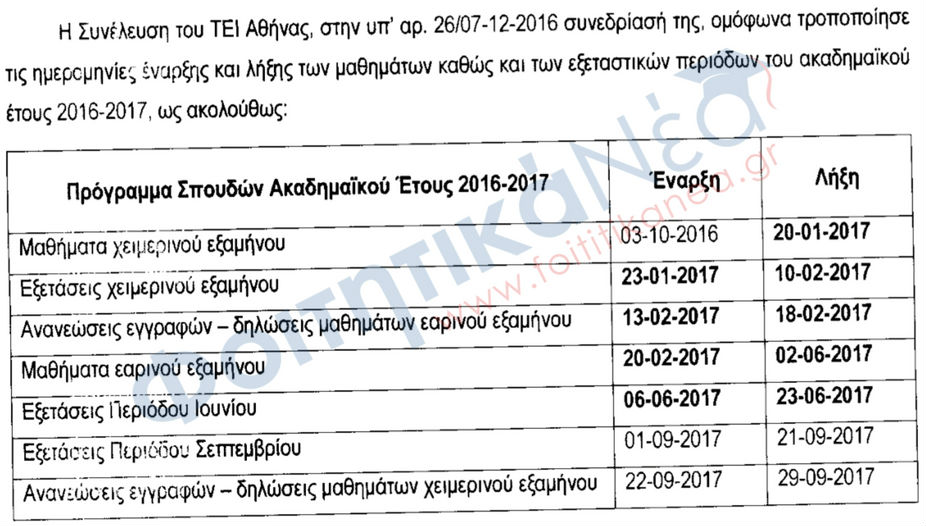 πρόγραμμα εξεταστικής ΤΕΙ Αθήνας 2016-2017